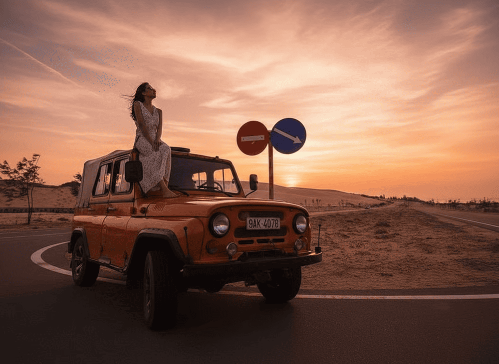 Xe jeep vừa là phương tiện di chuyển, vừa là đạo cụ chụp ảnh rất phong cách